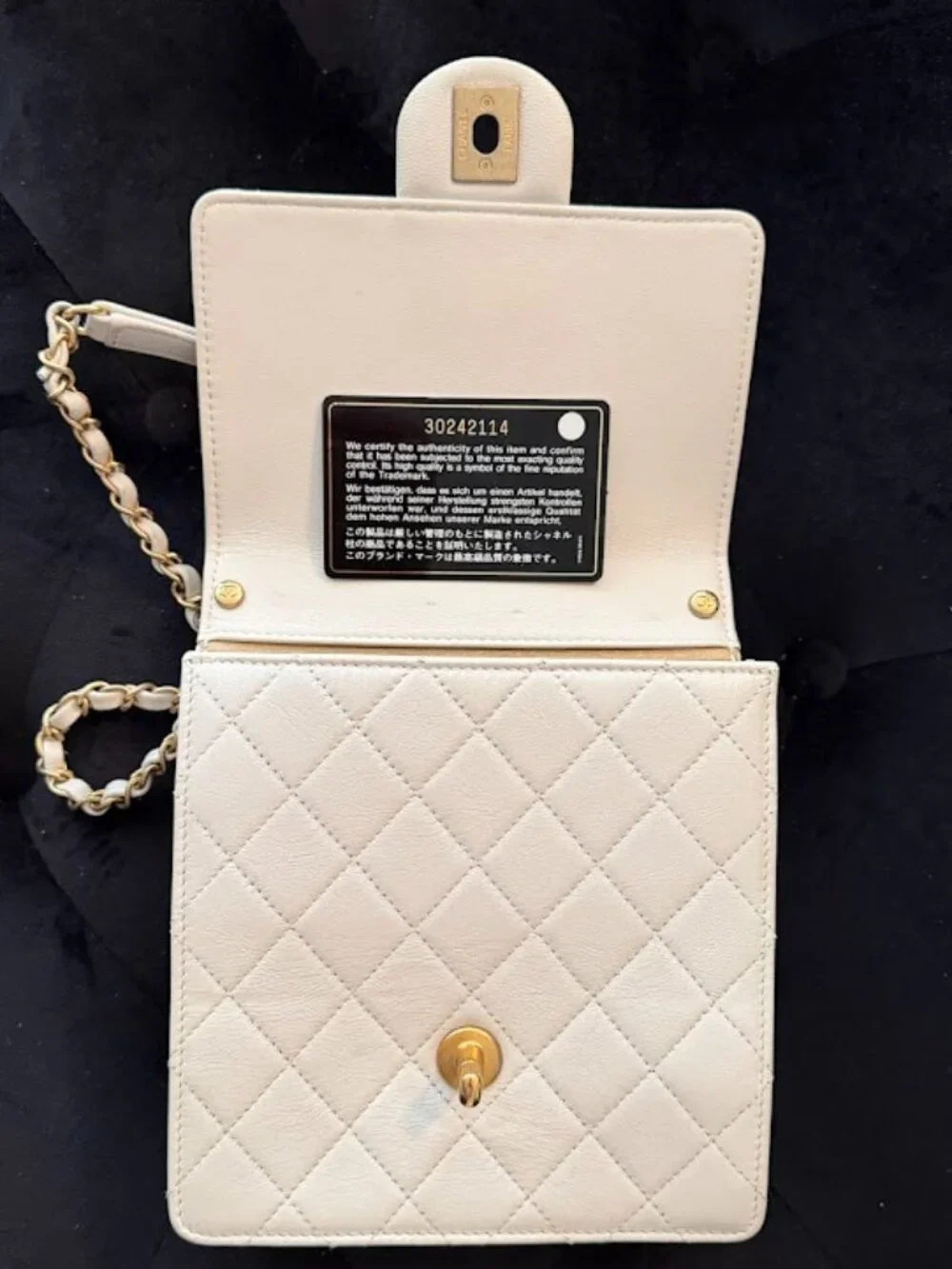 Chanel R2649 White Lambskin Mini Flap Bag Quilted Gold CC Chain Top Handle Rare